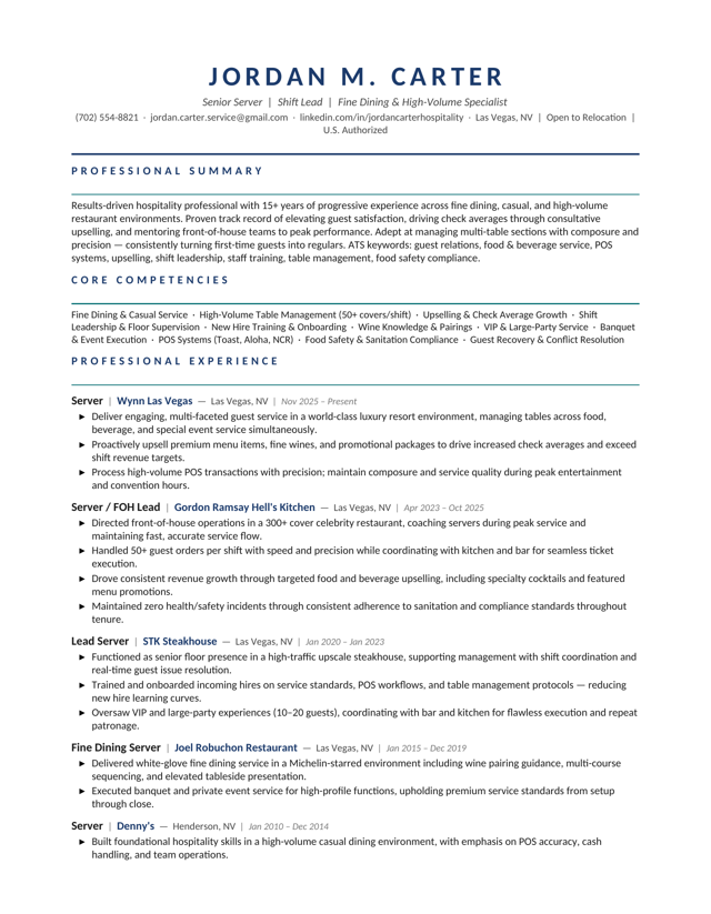 Jordan Carter — Hospitality resume sample