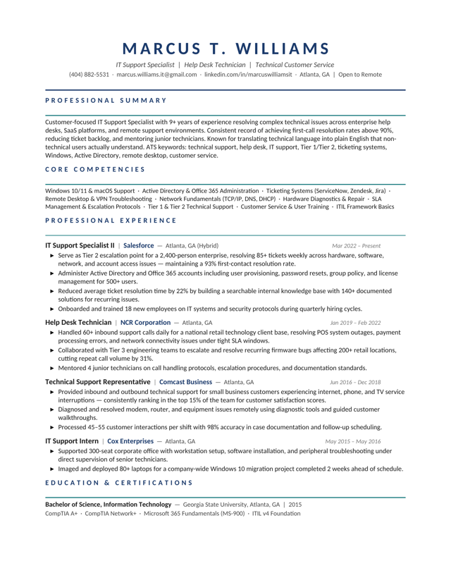 Marcus Williams — IT Support resume sample