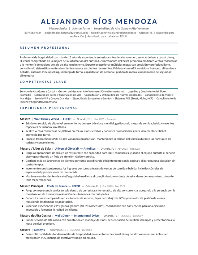 Alejandro Ríos — Hospitality resume sample