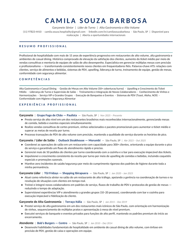 Camila Souza — Hospitality resume sample