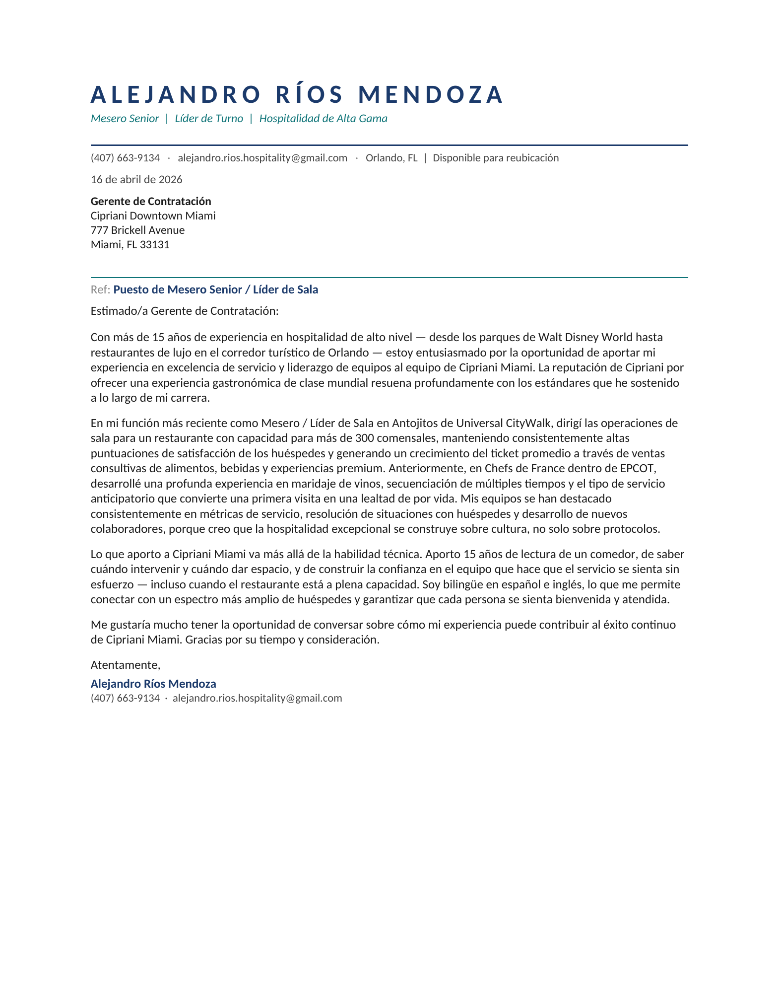 Alejandro Rios Cover Letter
